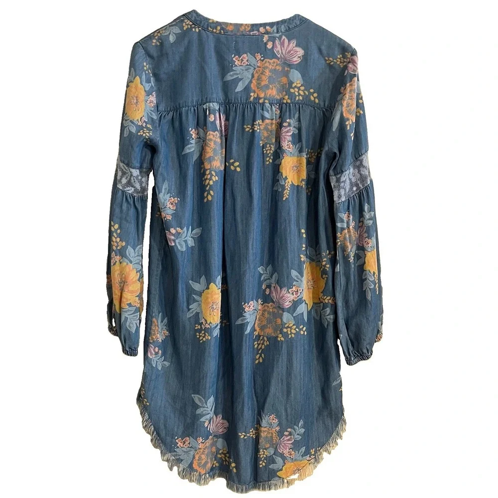 Blue Chambray Floral Dress Womens Small Cottagecore Boho Coastal Resort Lyocell - Picture 4 of 9